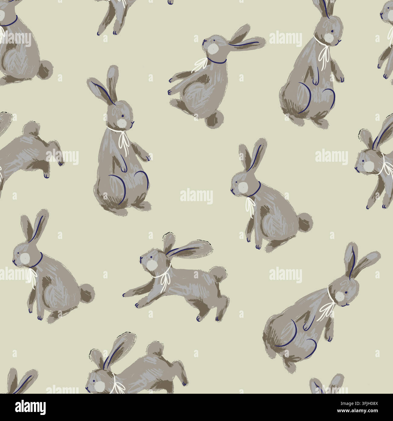 Cute Gray Rabbits in Different Poses Hand Painted Seamless Pattern on Cream Background Stock Vector