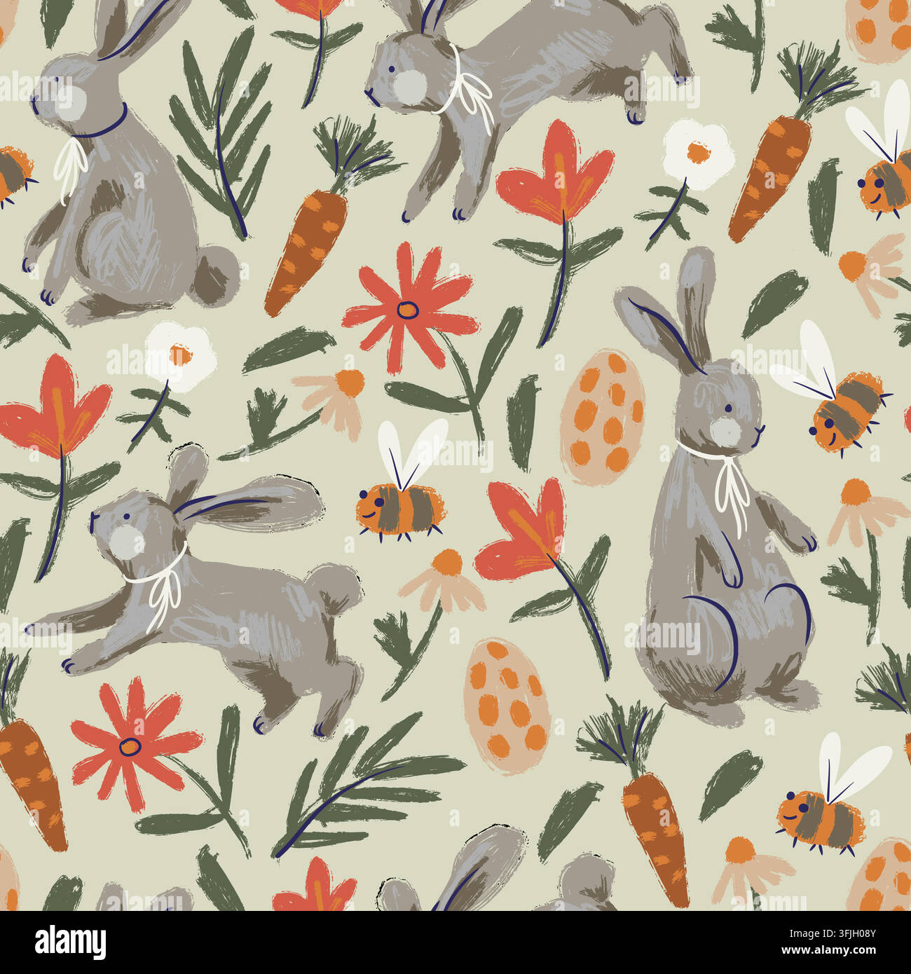 Whimsical Easter Rabbits Flowers Carrots Eggs and Bees Hand Painted Seamless Pattern Design Stock Vector