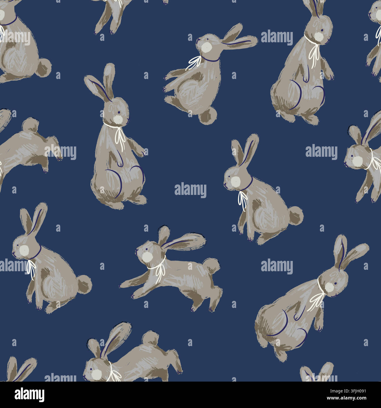 Cute Gray Rabbits in Different Poses Hand Painted Seamless Pattern on Navy Background Stock Vector