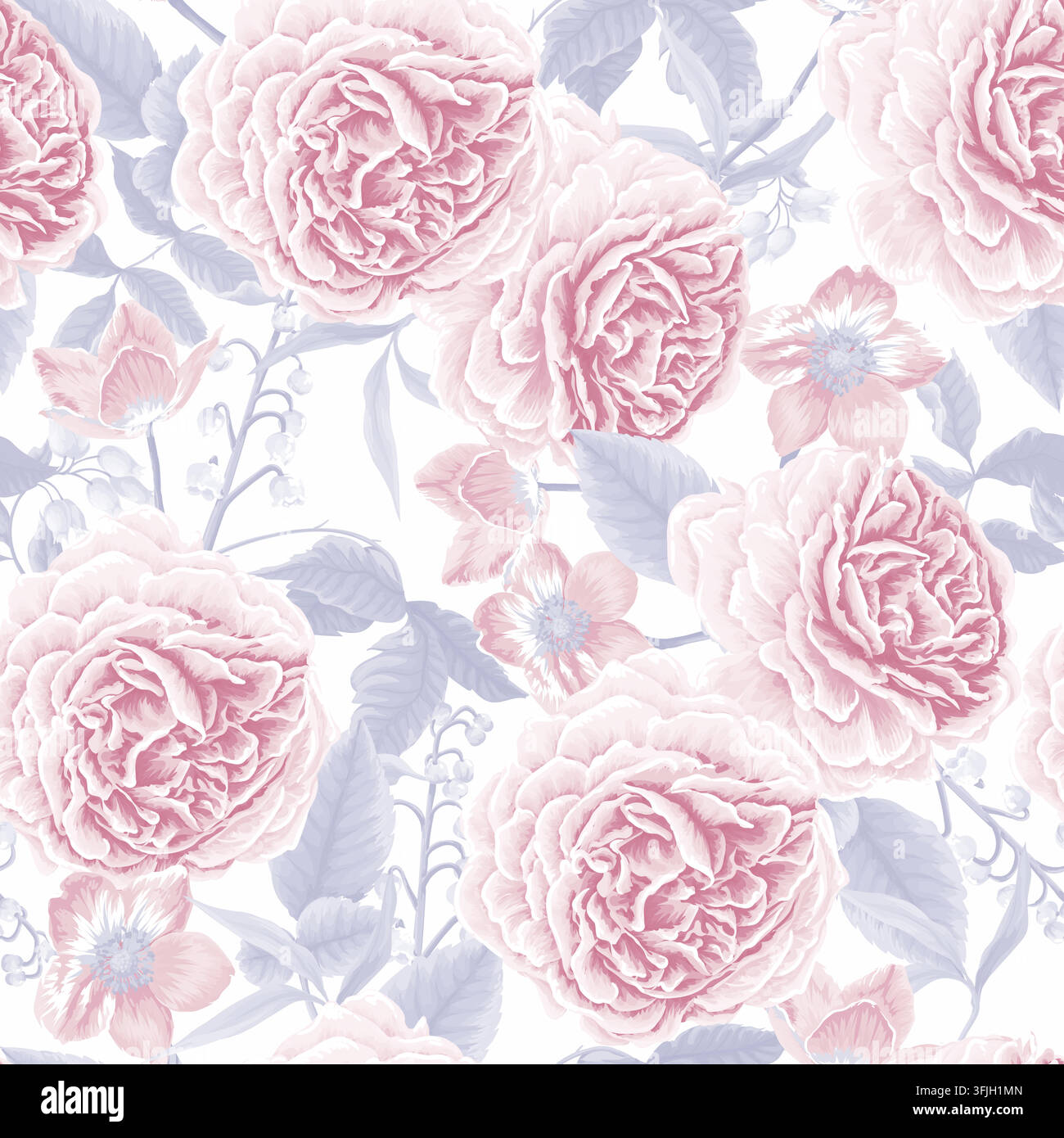 Soft Faded Pink Roses and Wildflowers Delicate Botanical Seamless Pattern on White Background Stock Vector