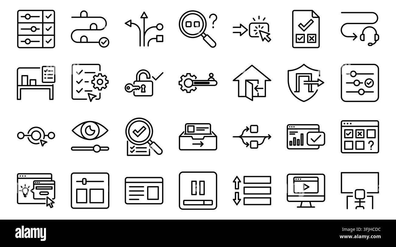 Project management user interface task settings outline icon set vector illustration Stock Vector
