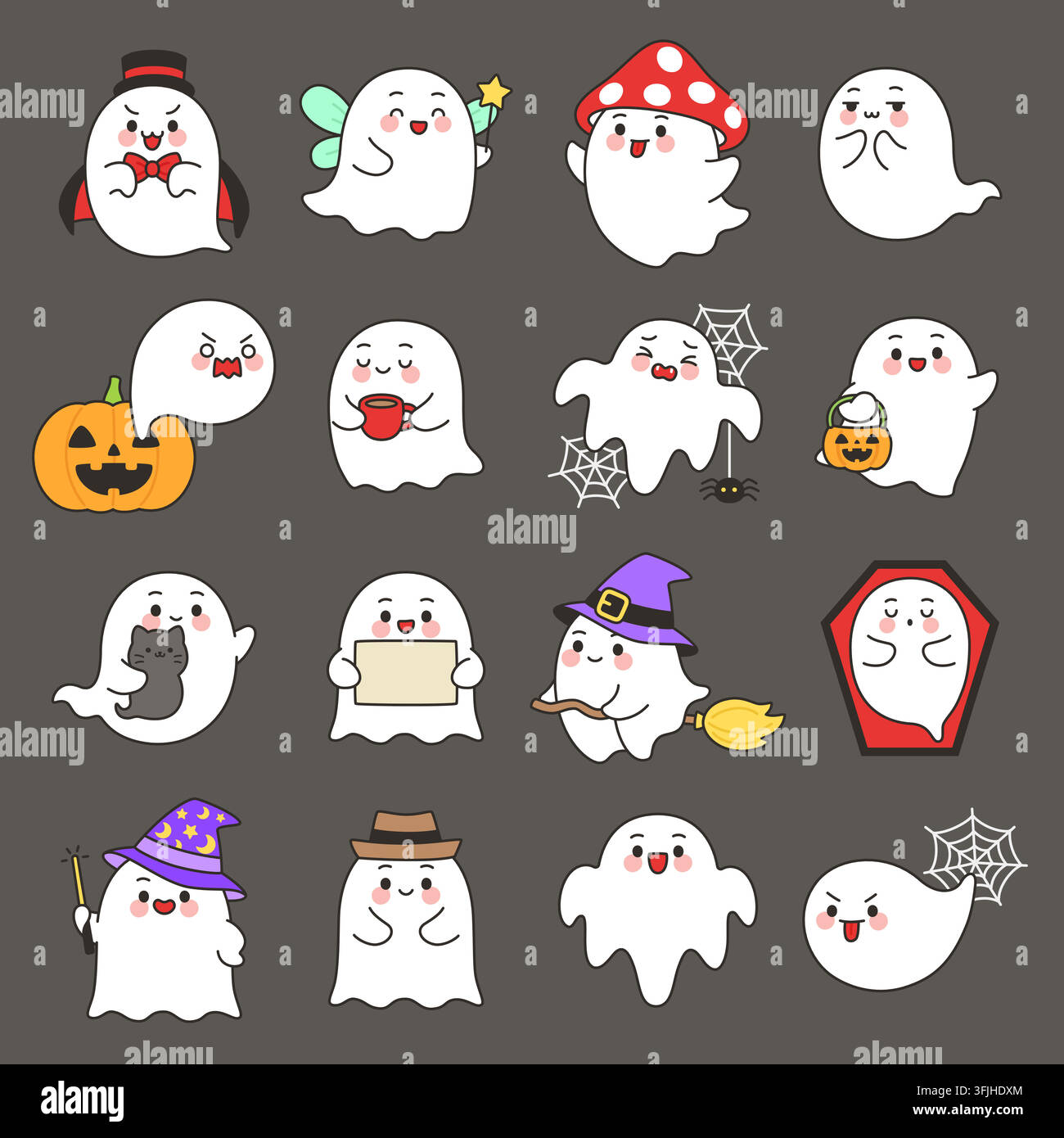 Kawaii ghost halloween expression grid set on gray vector illustration Stock Vector