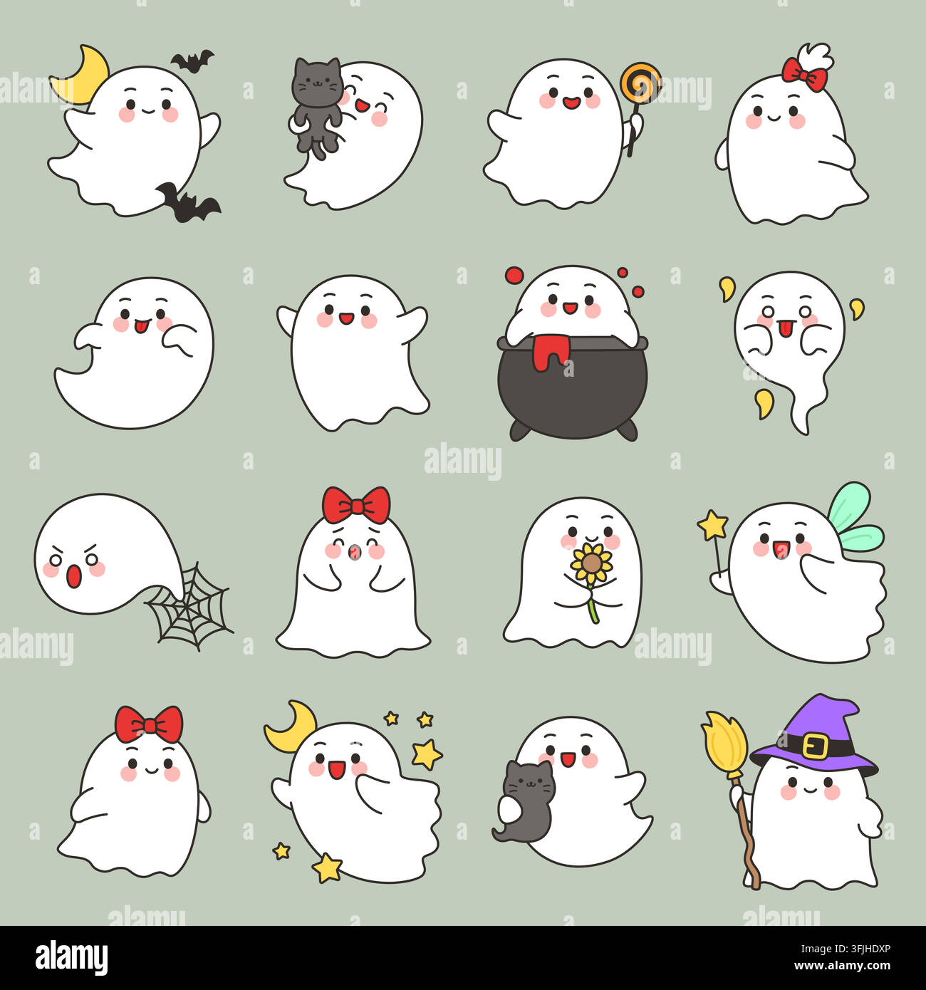 Kawaii ghost halloween expression grid set on sage vector illustration Stock Vector