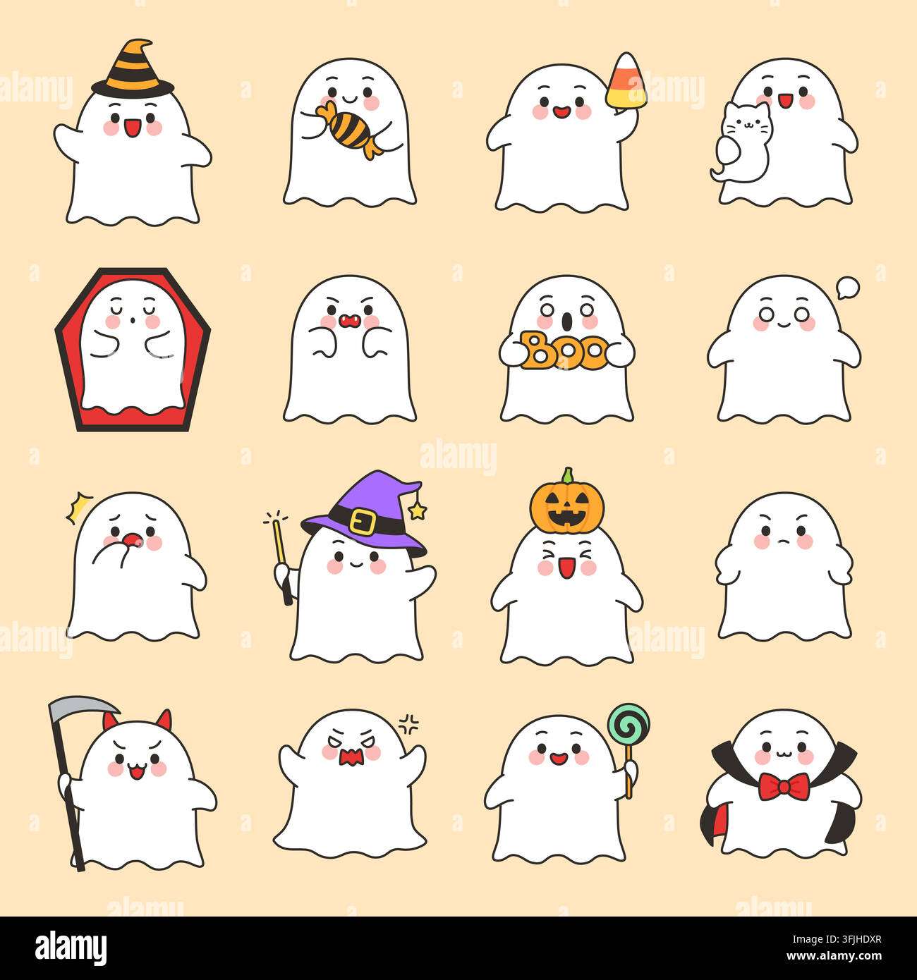 Kawaii ghost halloween expression grid set on peach vector illustration Stock Vector