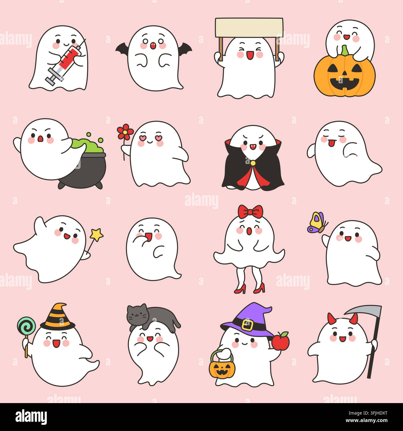 Kawaii ghost halloween expression grid set on pink vector illustration Stock Vector