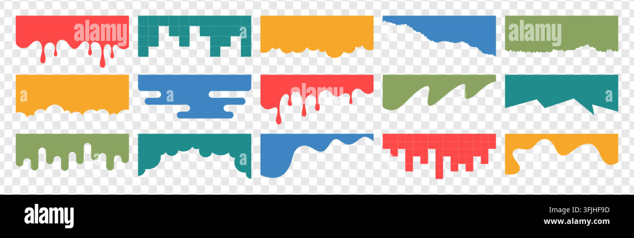 Separator header shapes set, section divider for website, app, web page, banner. Modern bottom, top border, headline design elements or footers with wavy lines, drips, drops on transparent background Stock Vector