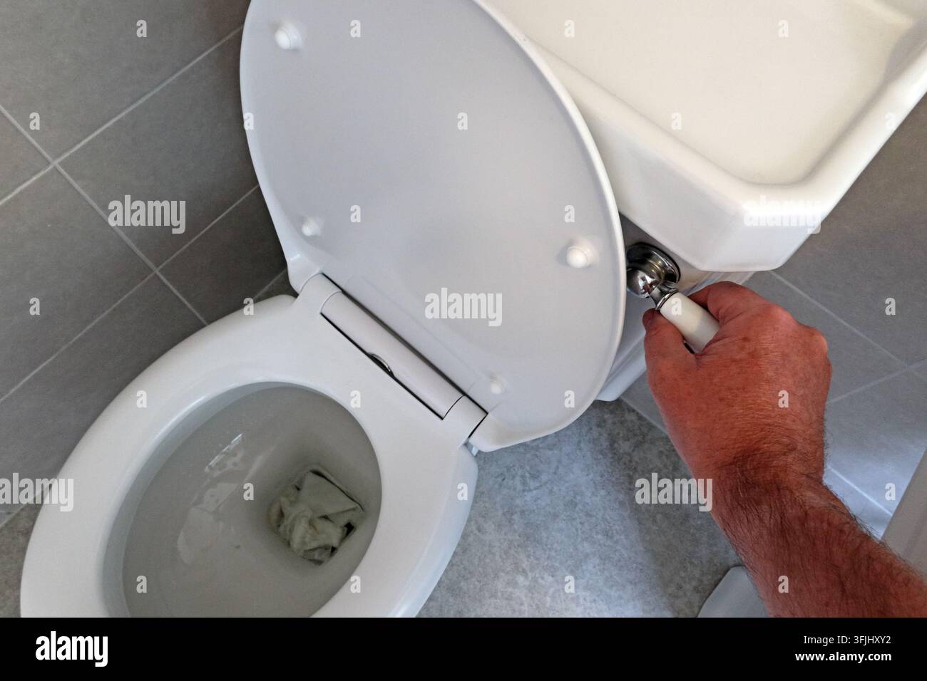 Hand flushing a domestic toilet, lid up illustrating bathroom hygiene and the potential spread of droplets and aerosols from flushing. Stock Photo
