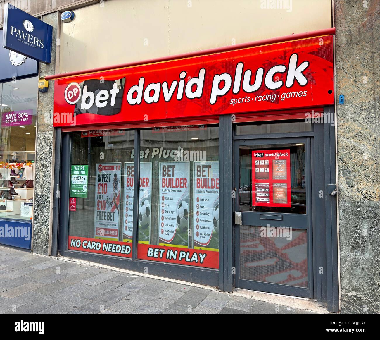 BEF bet David Pluck independent betting shop at 7 Lord Street, Liverpool, illustrating high-street gambling and bookmaker taxation. Stock Photo