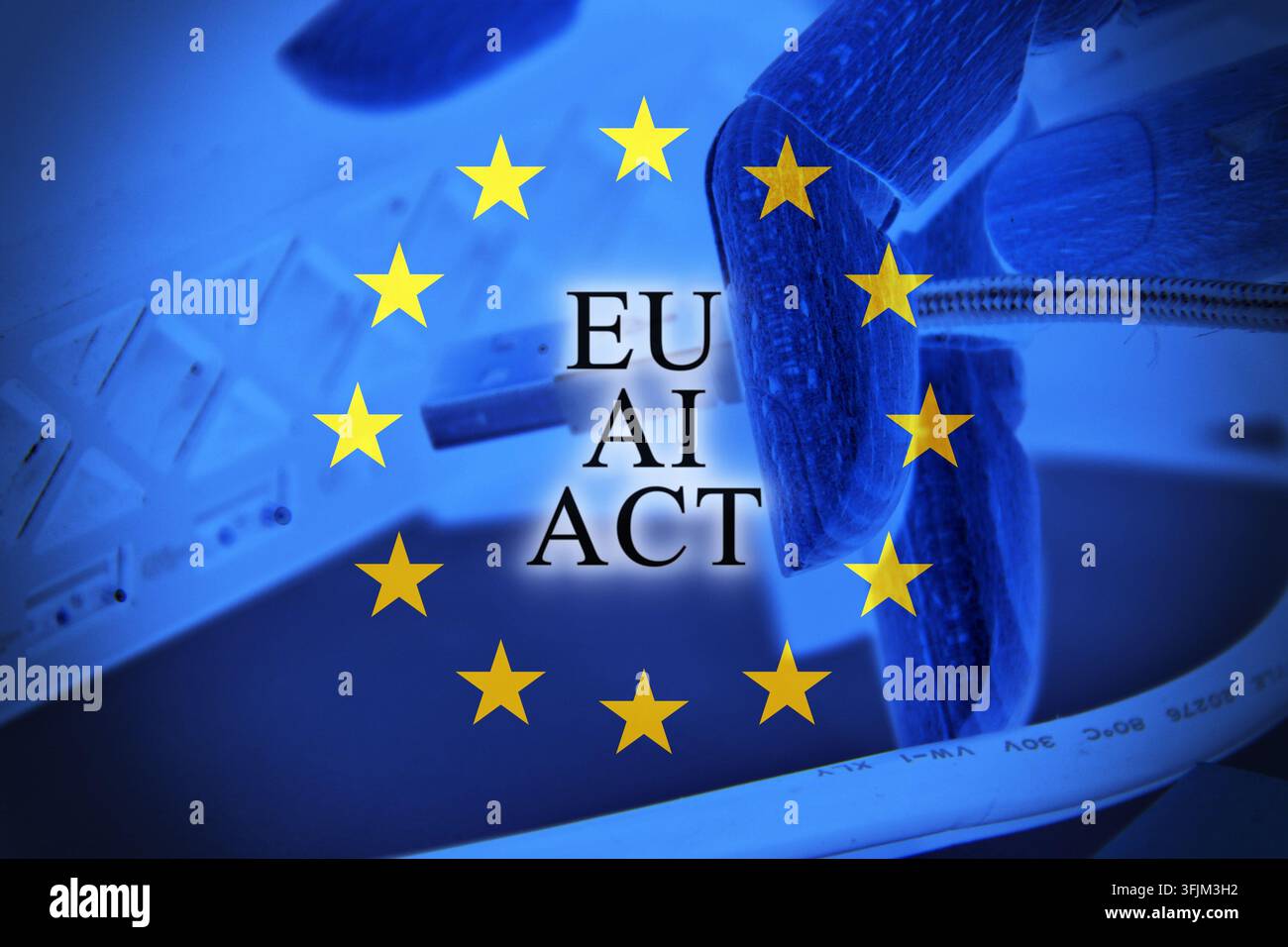 Close-up of a robotic hand using a cable with a European Union flag overlay featuring the words “EU AI Act”. The conceptual image represents artificia Stock Photo