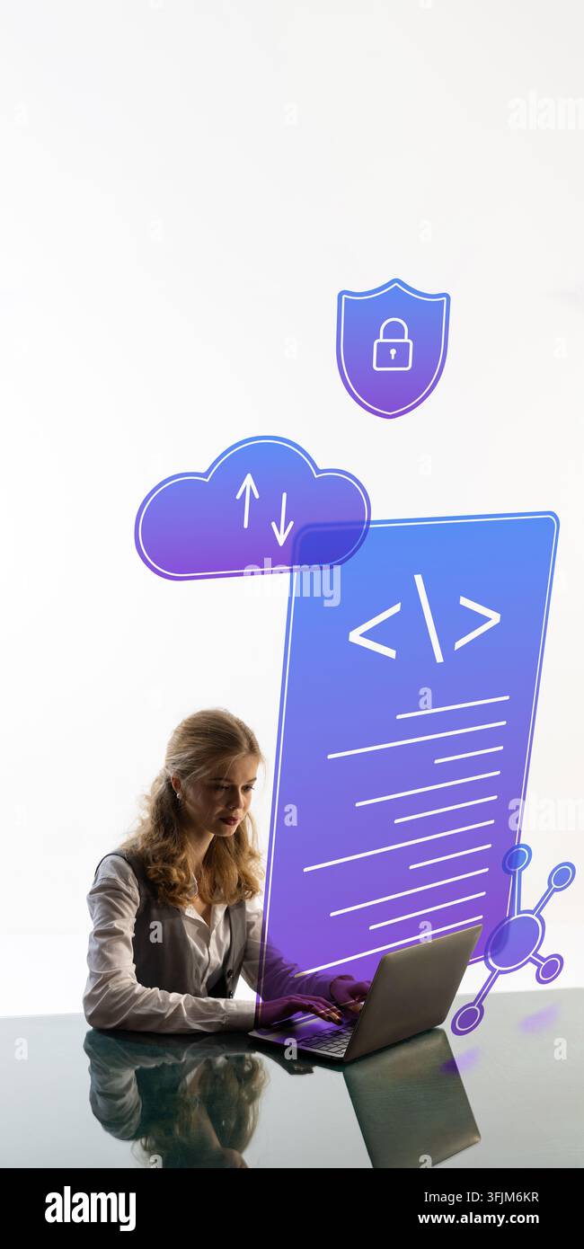 Concentrated woman develops secure cloud solution on laptop with floating code screens in clean studio with calm precision Stock Photo