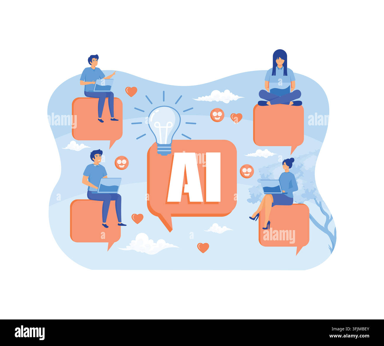 People chatting with AI chat bot and get smart solution. Artificial Intelligence robot communicate with human natural language provide smart solutions Stock Vector