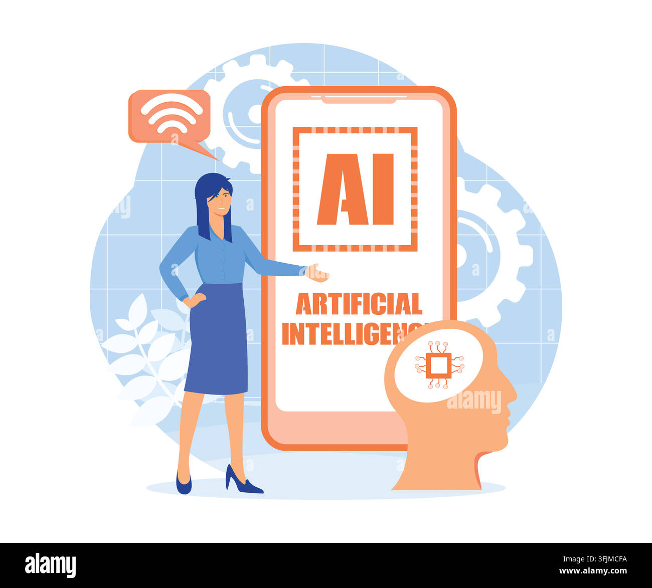 Artificial intelligence concept. Digital brain with neural network. AI chip, machine learning, analysis information. flat vector modern illustration Stock Vector