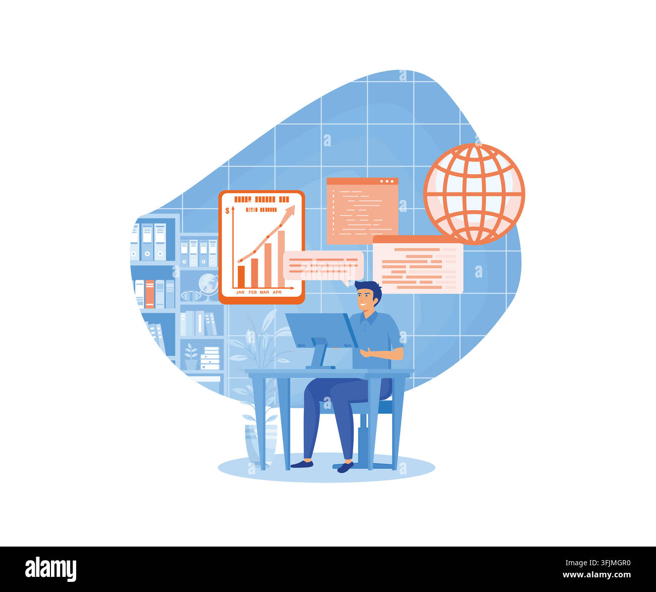 Man working with big data and databases, using laptop and excel tables. Office worker making analysis and report with spreadsheets on computer. flat v Stock Vector