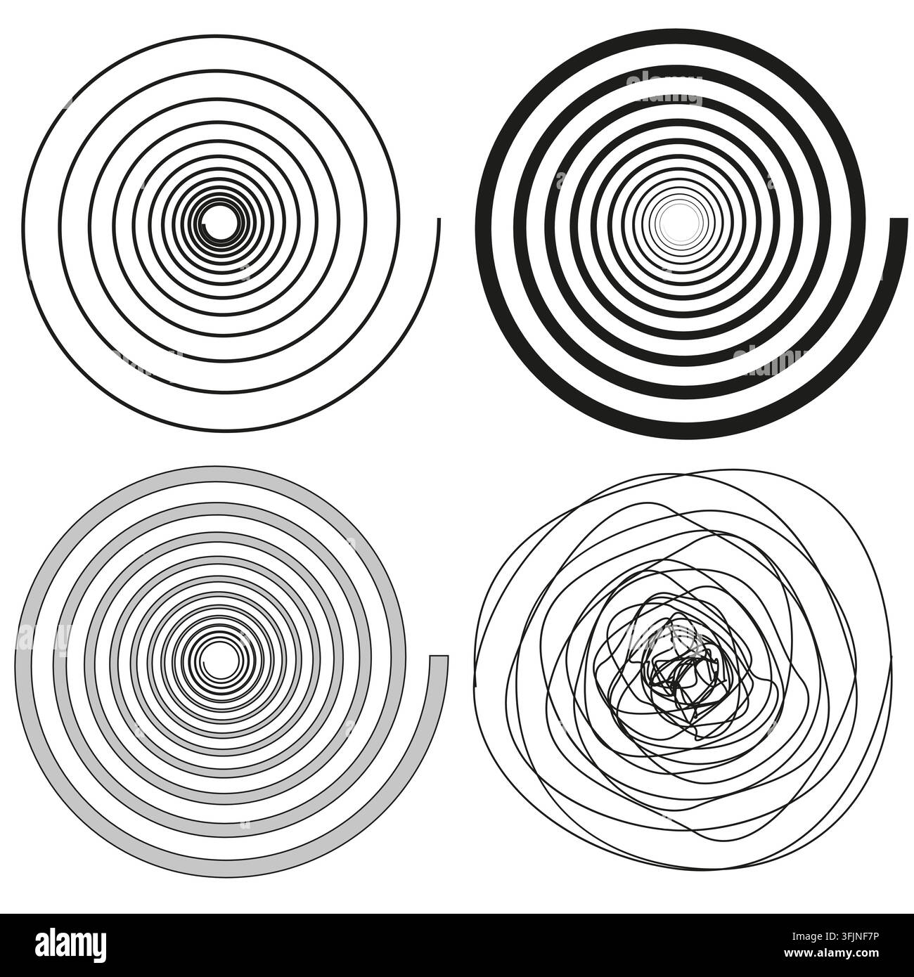 Spiral scribble line vector set features chaotic circle sketch. It represents creative abstract drawing. Stock Vector