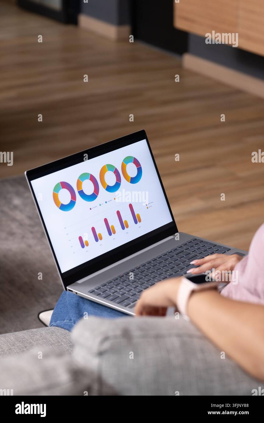Silver laptop displaying colorful donut and bar charts on lap on gray couch, hands typing Stock Photo