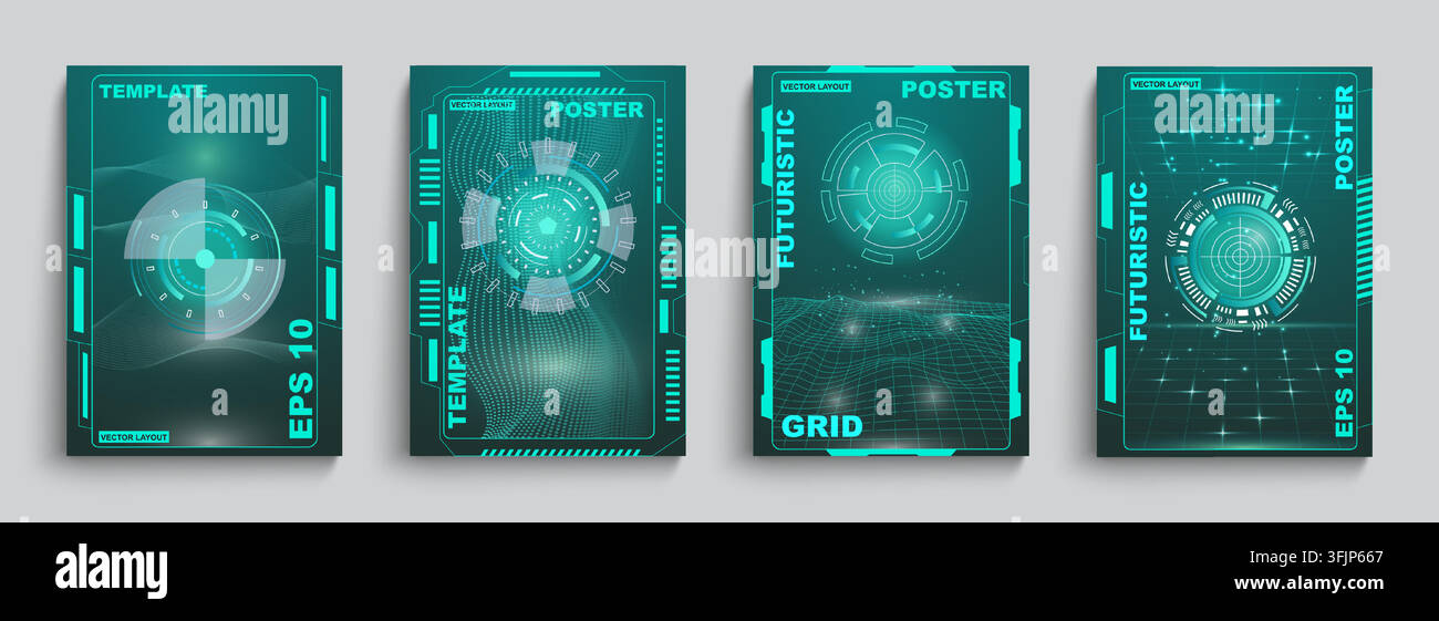 Futuristic poster templates. Digital interface with HUD circle and grid line, modern technology branding, data visualization, sci fi communication design. Vector isolated vertical banners background Stock Vector