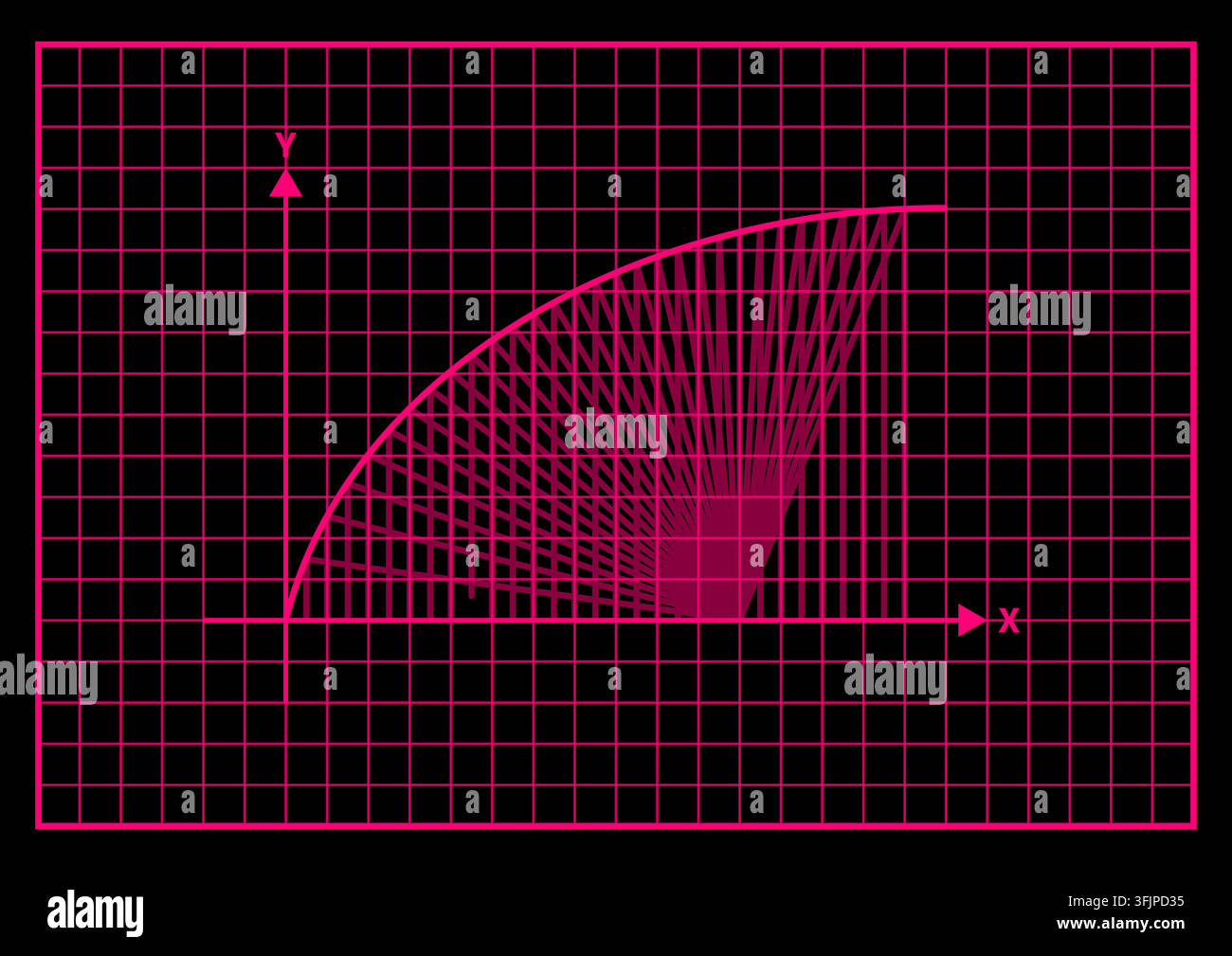 Curved math function graph sector grid neon pink background black. Bright magenta curved plot line filled rays coordinate grid system black backdrop r Stock Vector