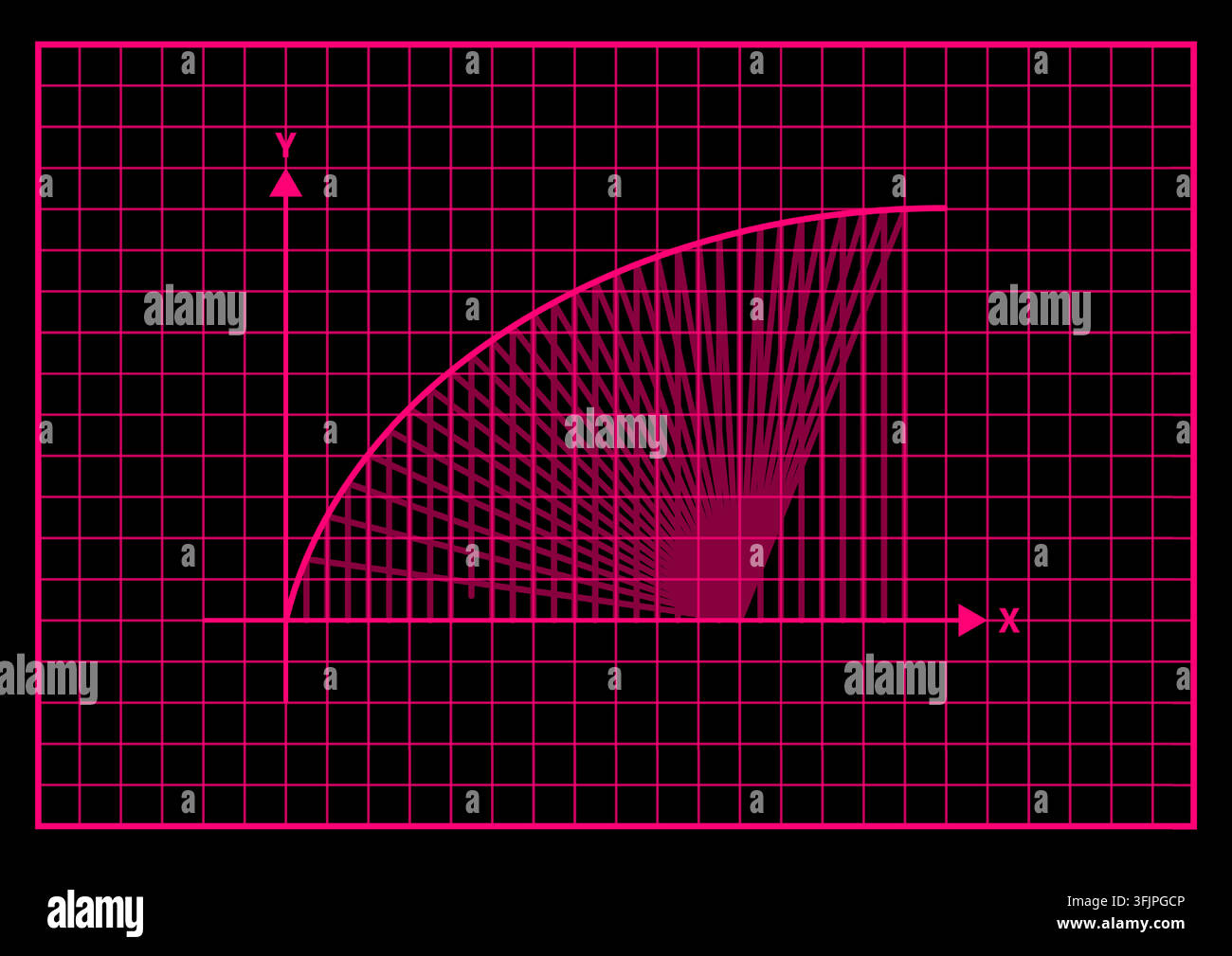 Curved math function graph sector grid neon pink background black. Bright magenta curved plot line filled rays coordinate grid system black backdrop r Stock Vector