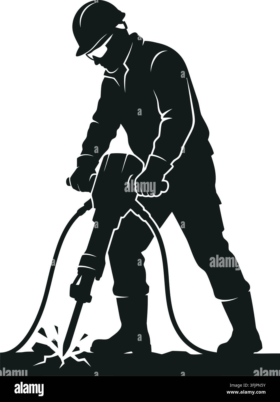 Construction worker operating a jackhammer black silhouette on white background Stock Vector