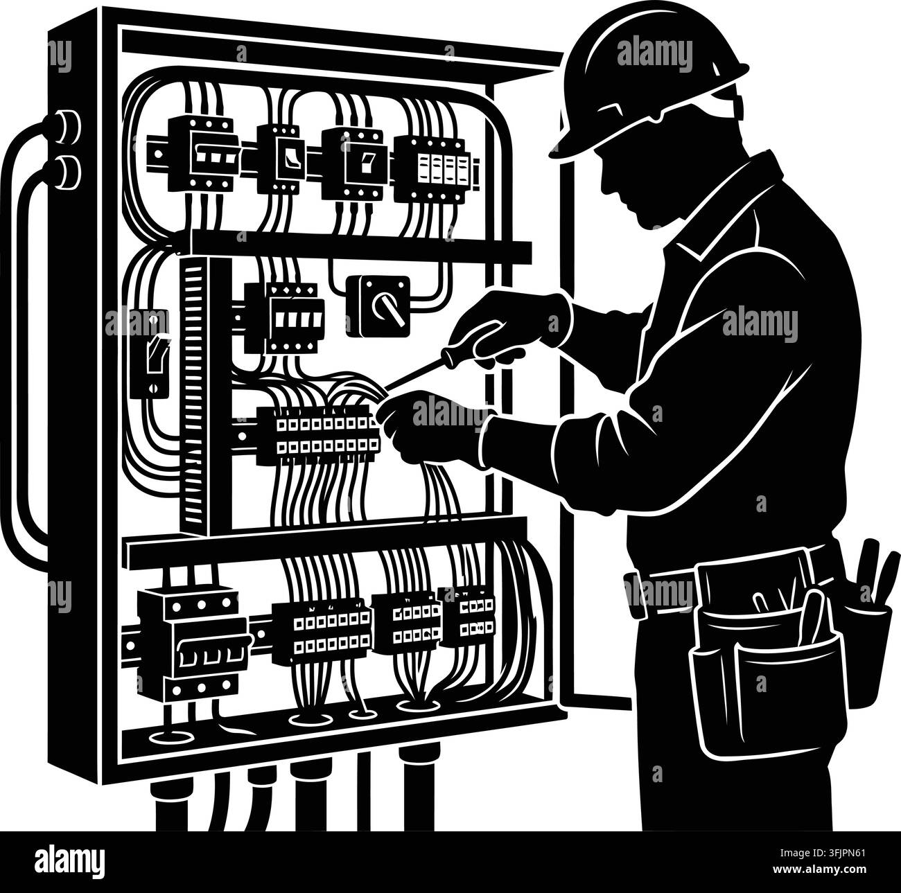 Electrical Rfs Electrician working on electrical panel black silhouette on white ...