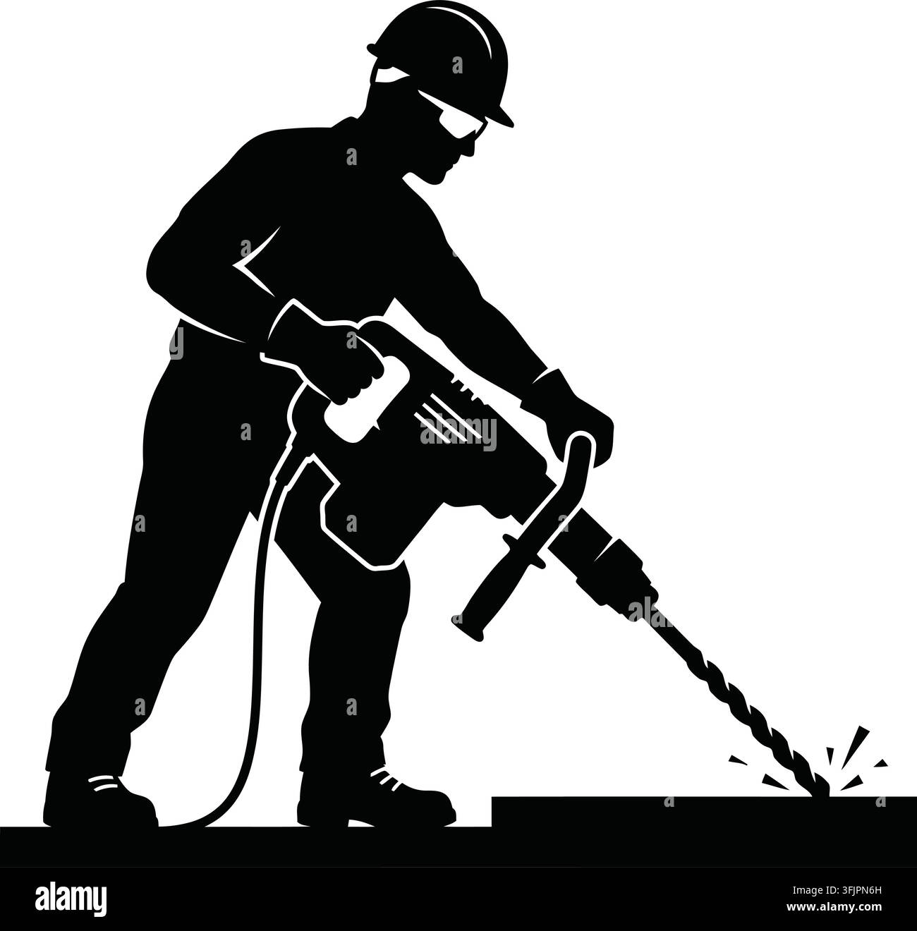 Construction worker operating a jackhammer black silhouette on a white background Stock Vector
