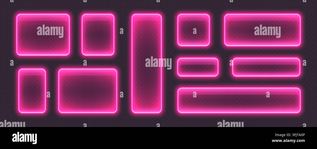 Glossy neon buttons, glowing glass banners in pink color. Stock Vector