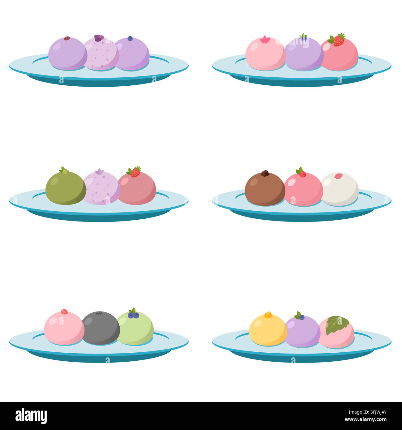 Plated Japanese Mochi Dessert Collection Featuring Six Oval Ceramic Plates of Assorted Sweets Stock Vector