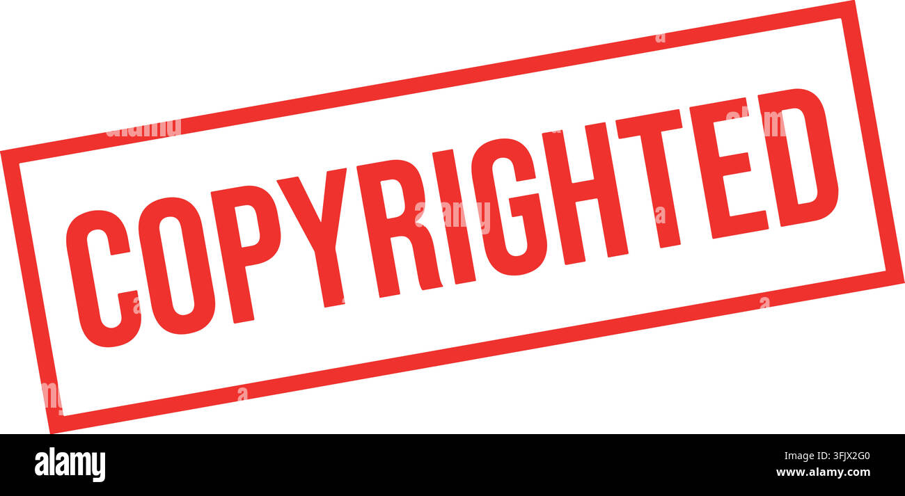 A red copyrighted stamp in a rectangular frame tilted on a white ...