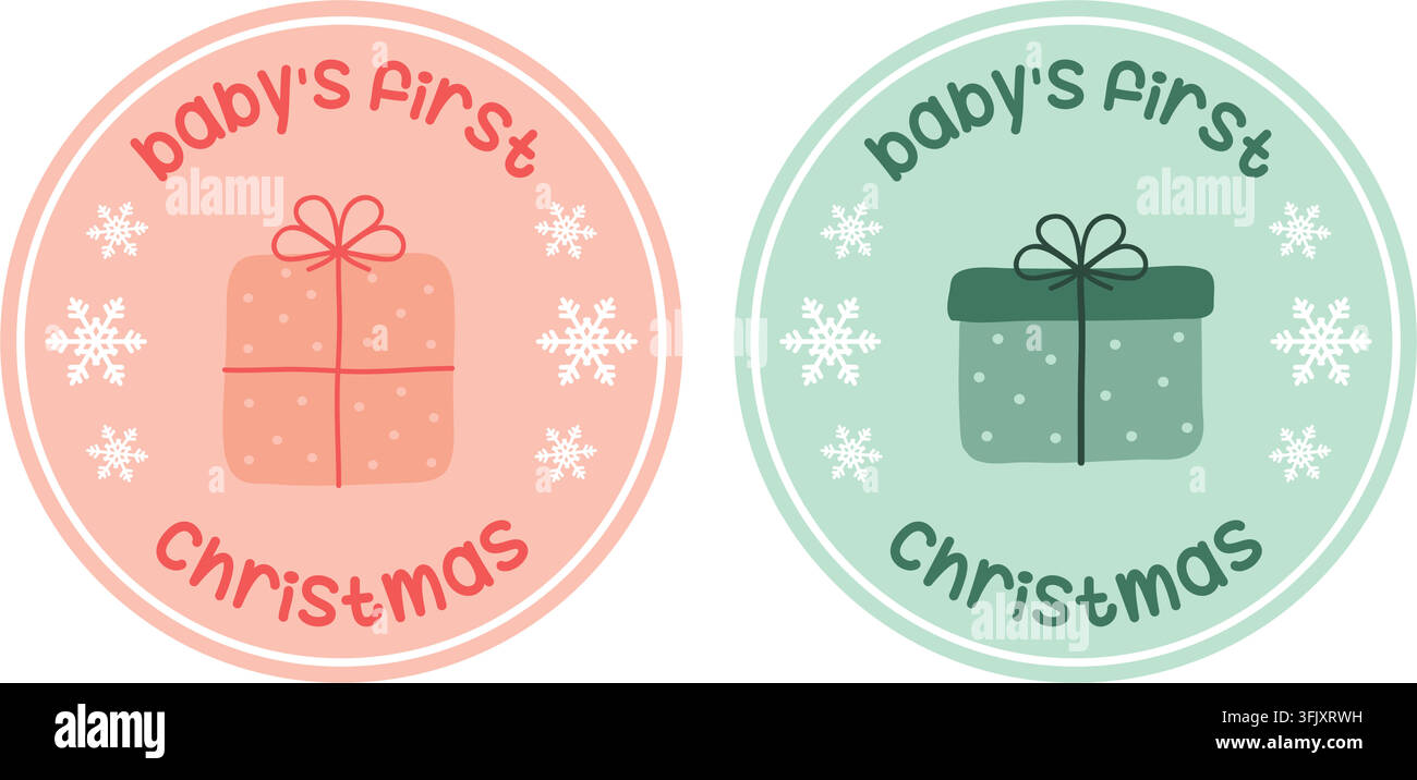 cute babys first christmas sticker with gift vector illustration Stock Vector