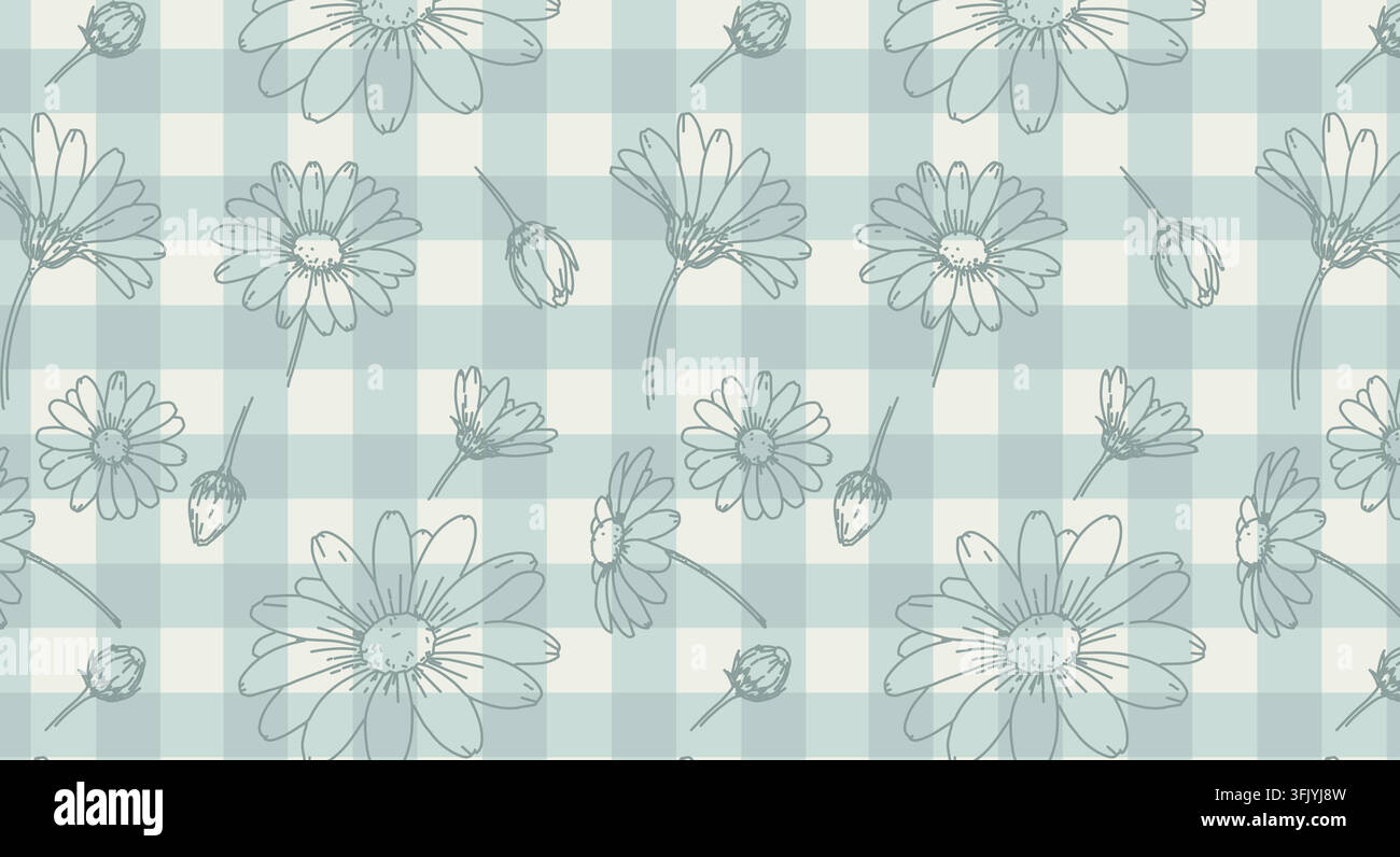 Seamless floral pattern with hand drawn daisy blossoms and buds layered over a soft sage green gingham check background, combining botanical charm Stock Vector