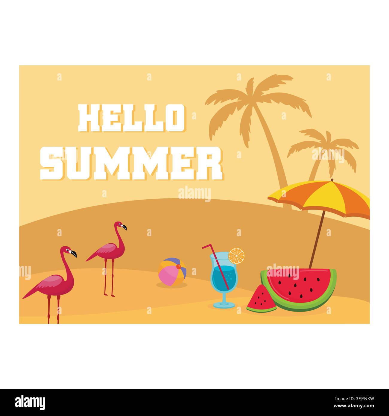 Hello summer text with colorful elements. Flat vector modern illustration Stock Vector