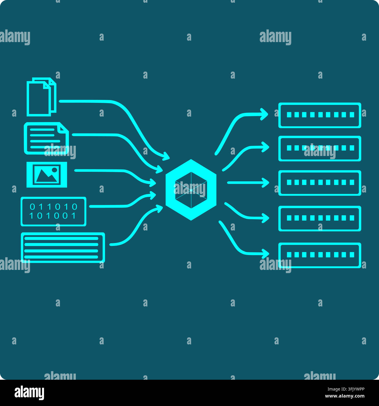 Cryptographic Hash Function Icon : Any-Size Data Input Converted to Fixed-Length Output Blocks, One-Way Transformation Concept Stock Vector