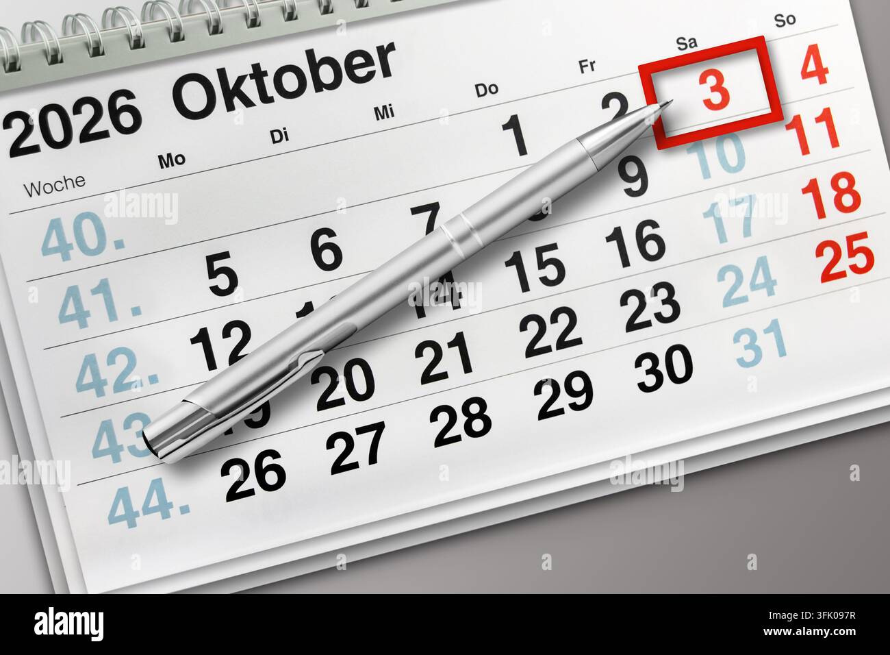 Kalender Datum 3. Oktober 2026  Tag der Deutschen Einheit Stock Photo