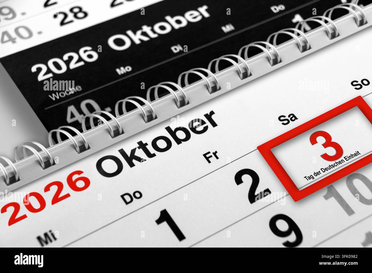 Kalender Datum 3. Oktober 2026  Tag der Deutschen Einheit Stock Photo