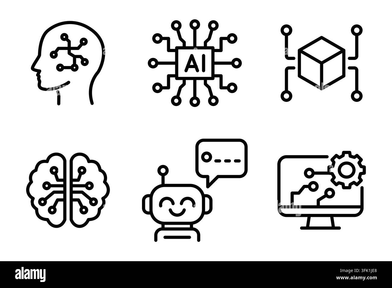 Artificial intelligence and technology icons set on neural networks and robotics. Editable stroke Stock Vector