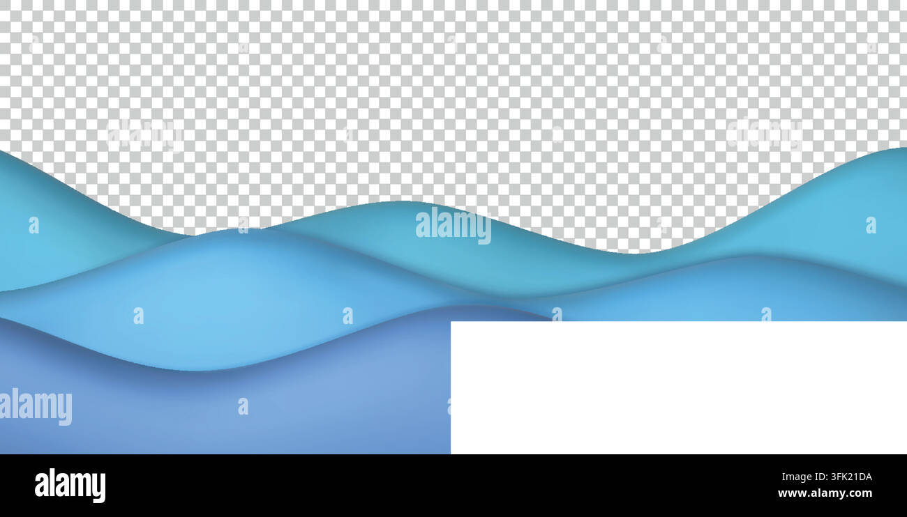 3d sea wave. Cartoon ocean water, cute beach river elements or kid summer lake surface. Panoramic blue texture, gradient horizontal curves. Background minimal composition design. Vector illustration Stock Vector