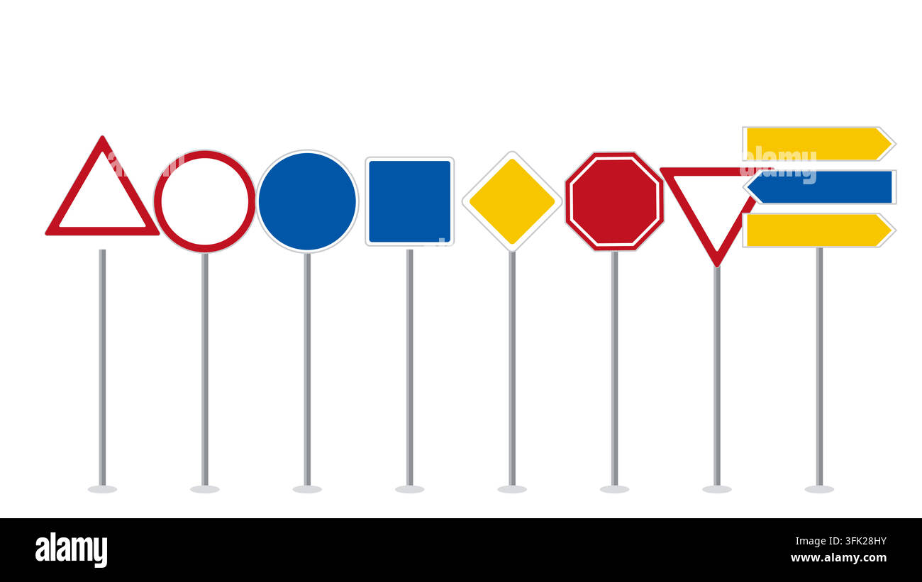Set of blank empty road signs in the style of Germany mounted on metal posts: warning, prohibition, mandatory, information, priority, stop, yield, dir Stock Vector