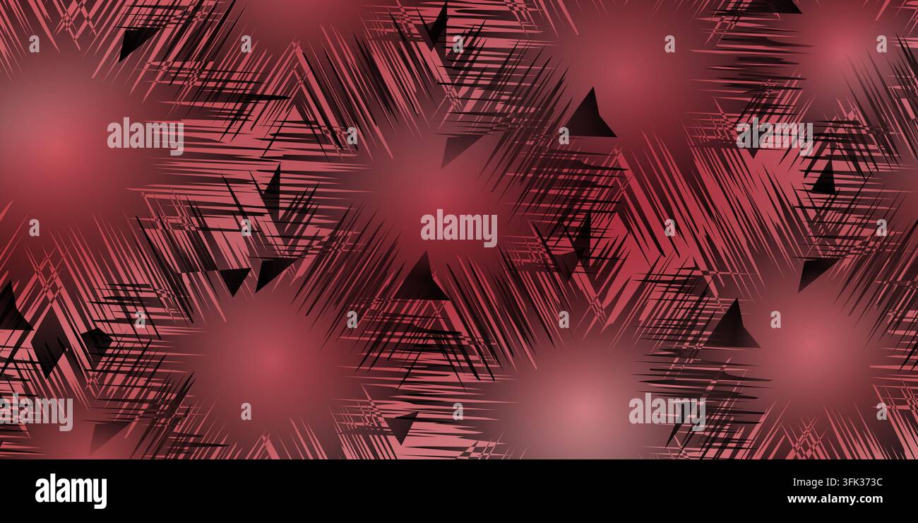 A seamless abstract background featuring a repeating pattern of radial dark lines and sharp triangular elements over a soft red gradient surface. Stock Photo