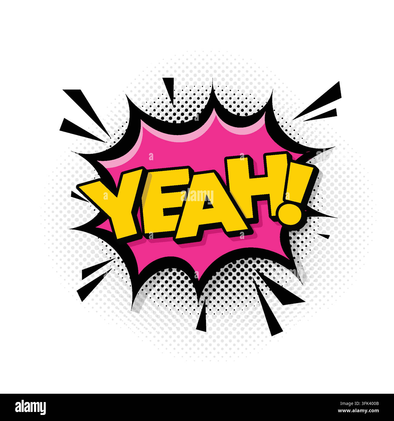 Comic “Yeah!” speech bubble featuring a bold expressive design, dynamic lettering, and playful comic-style elements. The energetic composition conveys Stock Vector