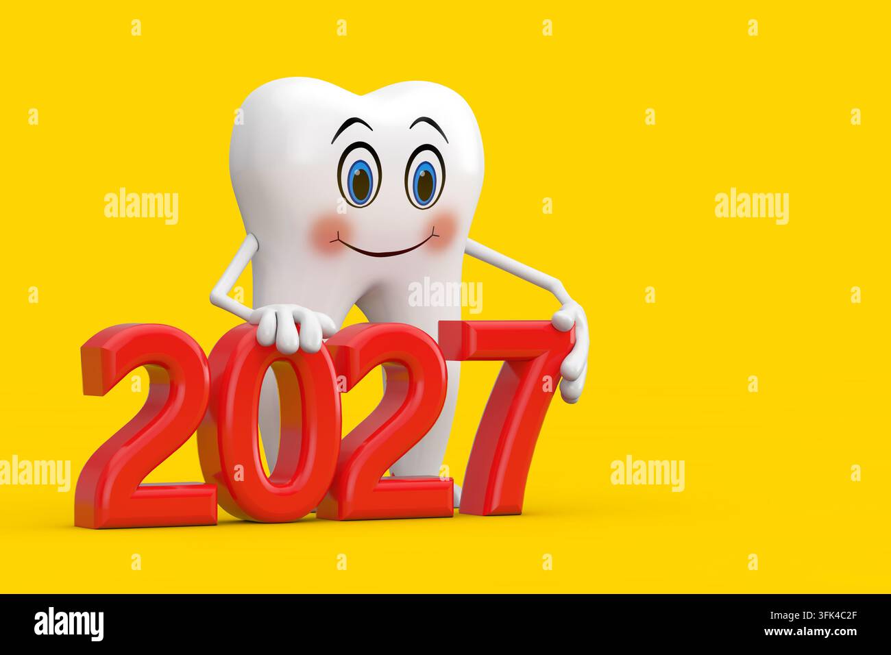 Tooth Bector White Tooth Person Character Mascot with Red 2027 New Year Sign on a ...