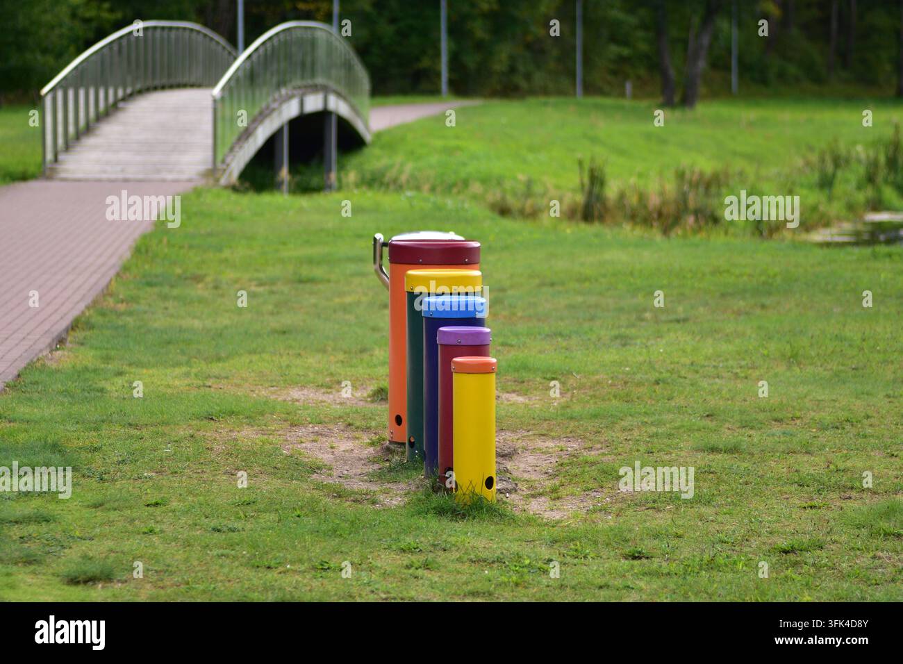 Colorful outdoor musical play equipment with different sized sound ...