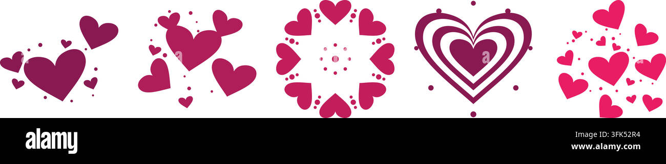Set of pink heart vector illustrations with dots, clusters, and mandala patterns on white background for Valentine's Day design Stock Vector