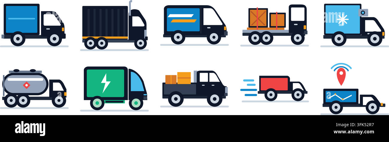 Set of flat vector delivery truck icons including cargo, refrigerated, tanker, and electric vehicles on white background Stock Vector