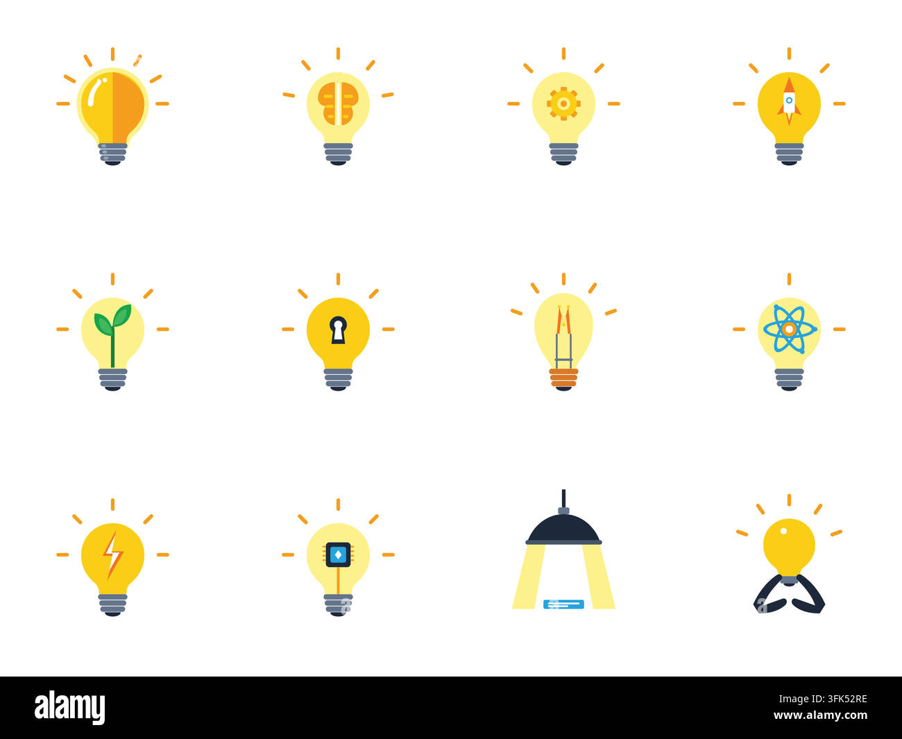 Set of twelve flat vector light bulb icons representing ideas, innovation, and creativity on white background Stock Vector