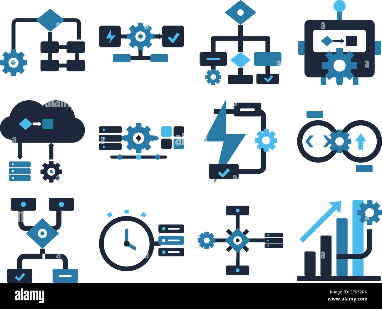 Set of flat vector icons for business process, workflow, gears, cloud, and data analysis on white background Stock Vector
