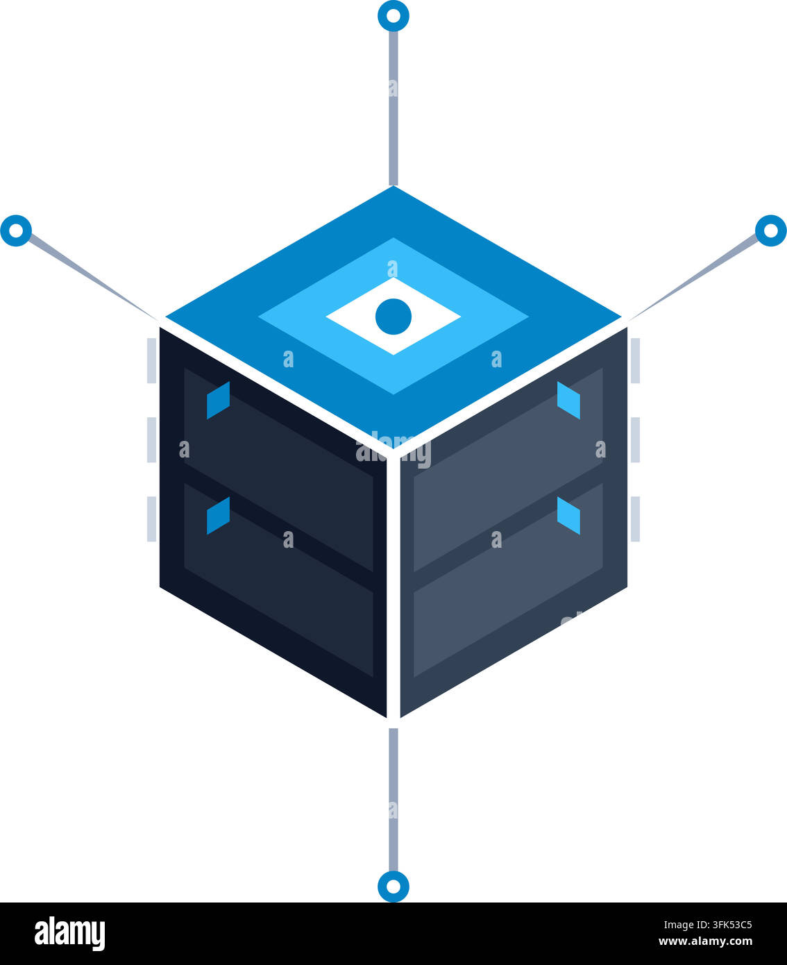 Isometric vector illustration of a server rack with network nodes, representing cloud computing and data storage concepts. Stock Vector