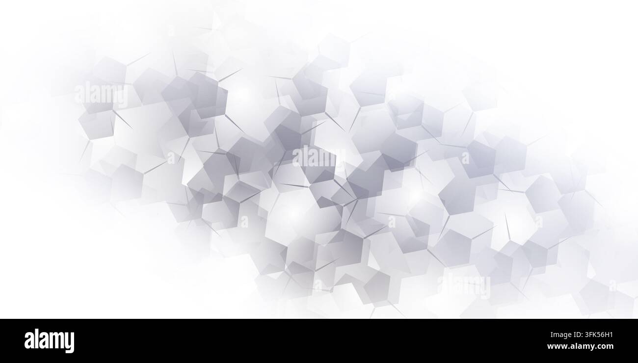 Abstract technological background featuring overlapping white and grey geometric polygon shapes with glowing light effects. Stock Photo