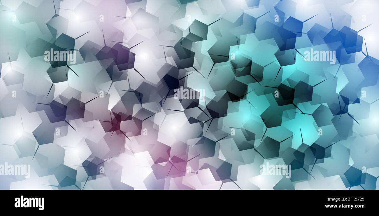 Seamless vector abstract background featuring overlapping blue, teal, and purple pentagon shapes with protruding spikes and glowing highlights. Stock Photo