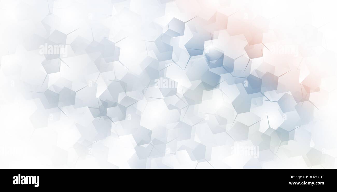 Abstract technological background featuring overlapping translucent hexagons with soft light flares, in shades of white, gray and pale blue. Stock Photo