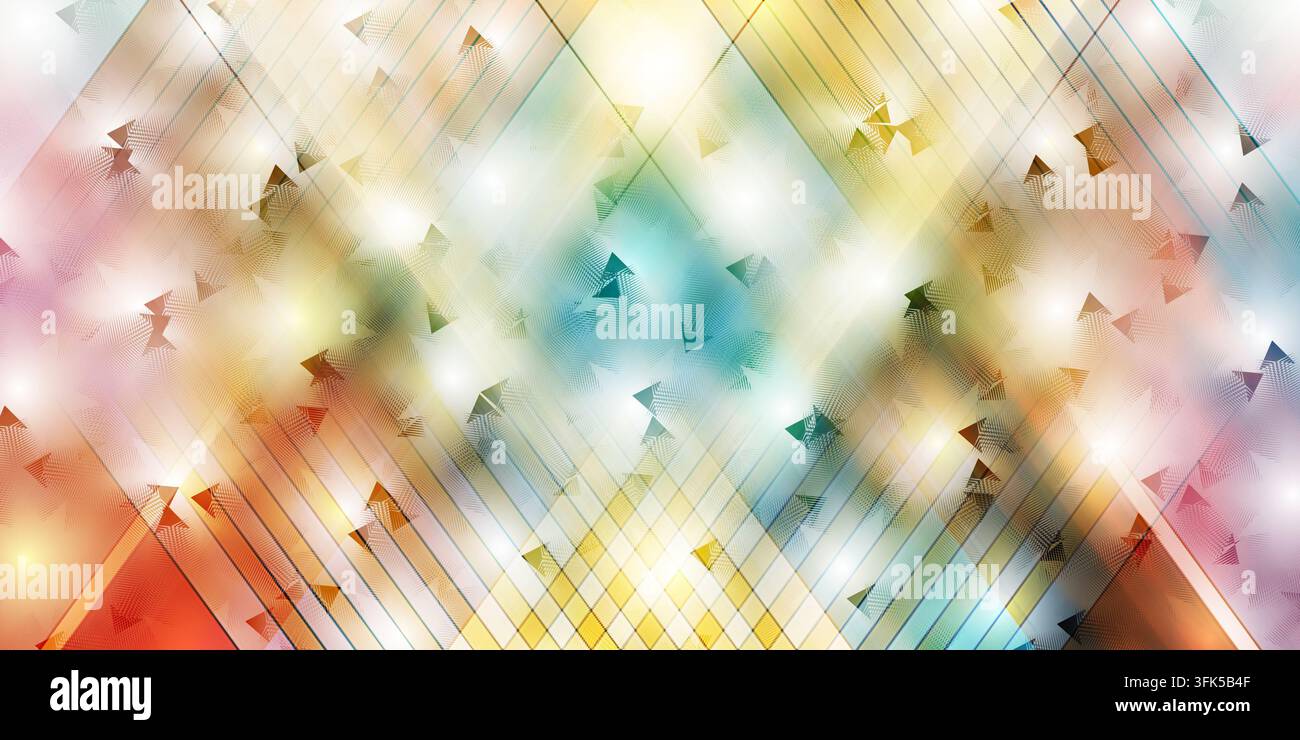 A vibrant, multi-colored abstract background featuring intersecting diagonal lines and scattered triangular particles with a glowing, dynamic effect. Stock Photo